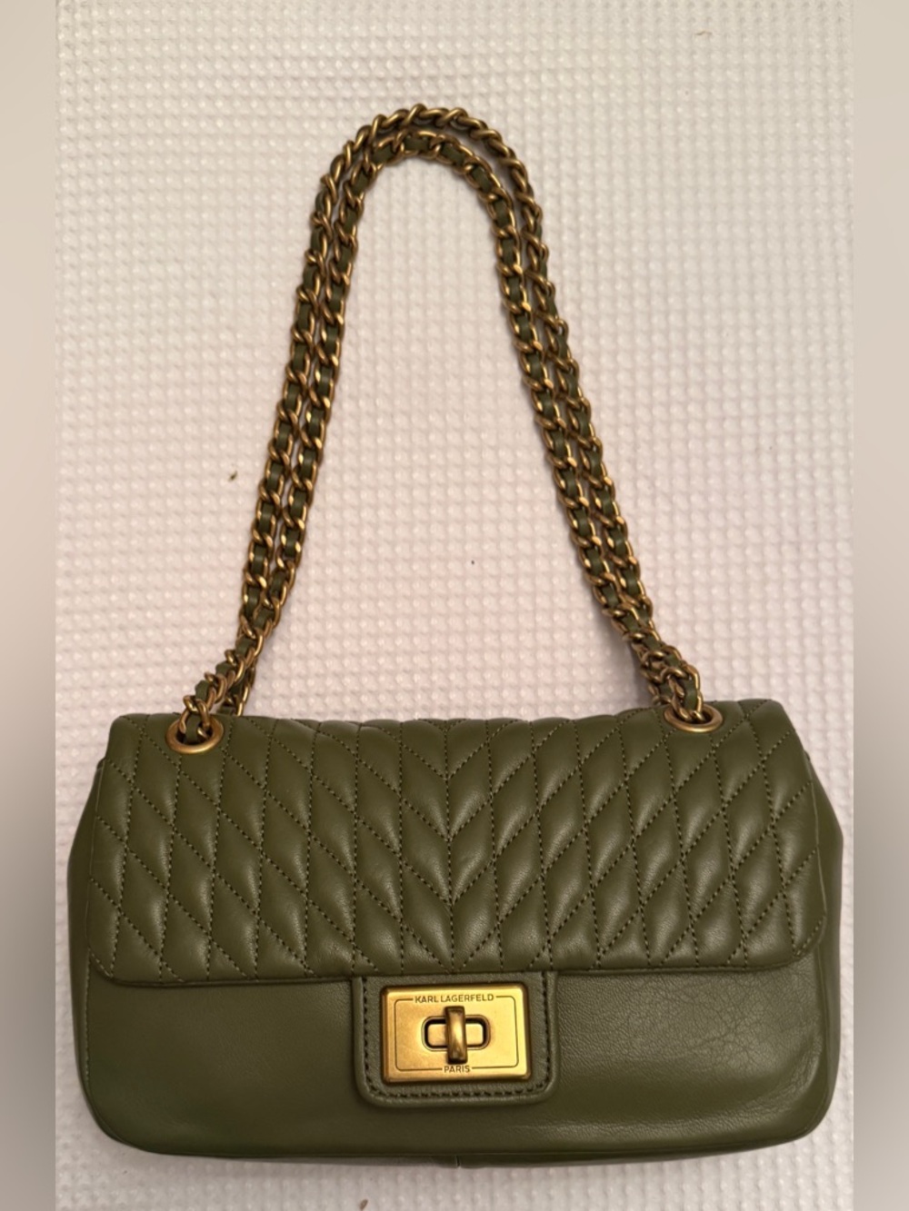 Karl Lagerfeld Olive Quilted Leather Shoulder Bag with Gold Chain, NEW